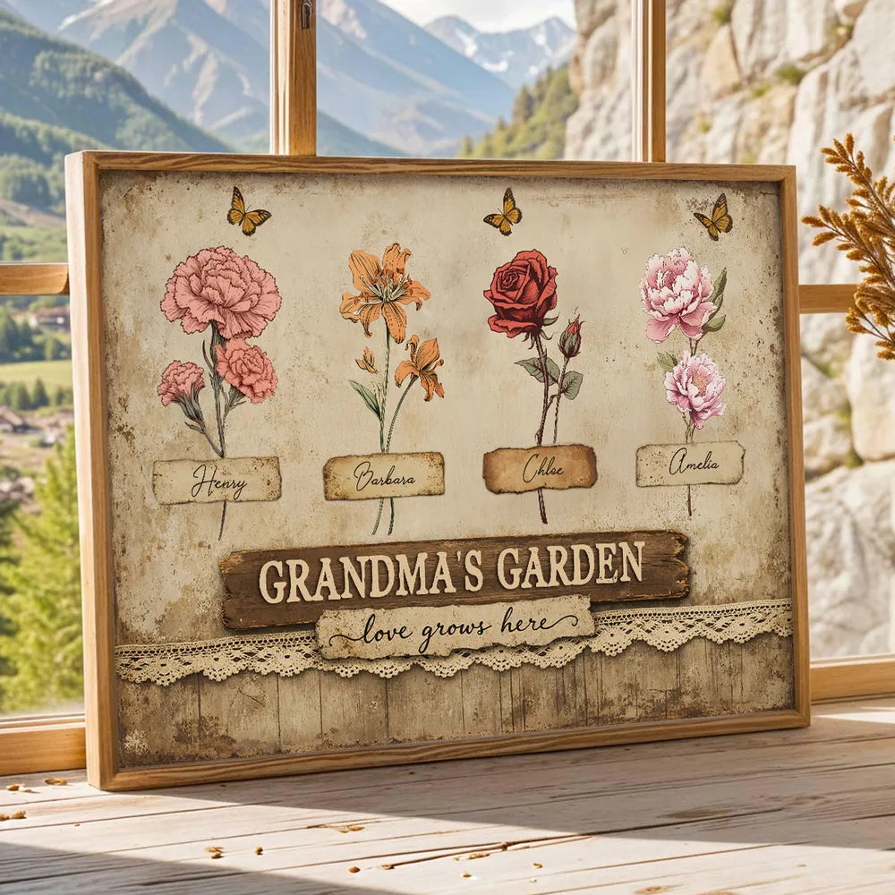 Personalized Grandma's Garden Poster, Vintage Floral Butterflies Wall Art, Unique Gift for Grandma or Mom