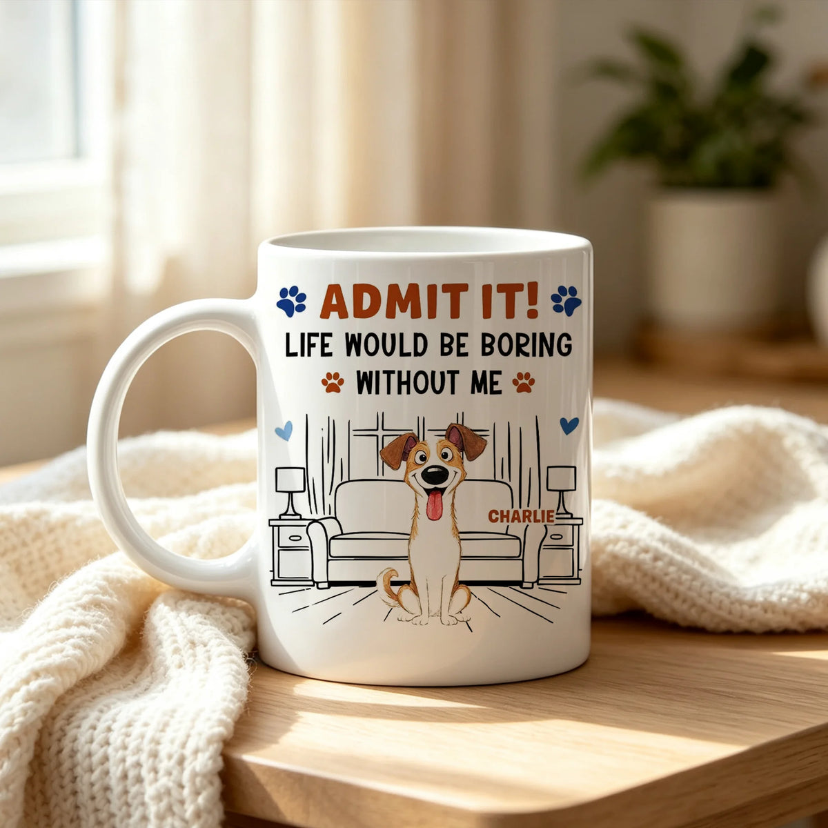 Personalized Cartoon Dog Mug, Sitting Dog in a Living Room, Unique Gift for Dog Lovers
