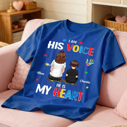 Personalized Classic Tee I Am His Voice He Is My Heart Autism Puzzle Mom and Son Back View Unique Gift