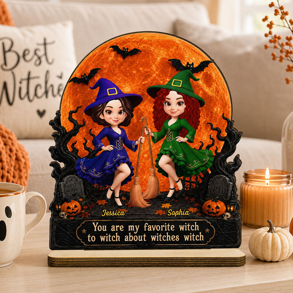 Personalized 2-Layer Wooden Plaque with Witch Friends & Orange Moon, Unique Gift for Close Friends