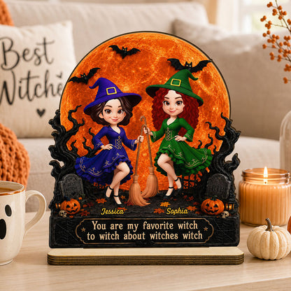 Personalized 2-Layer Wooden Plaque with Witch Friends & Orange Moon, Unique Gift for Close Friends