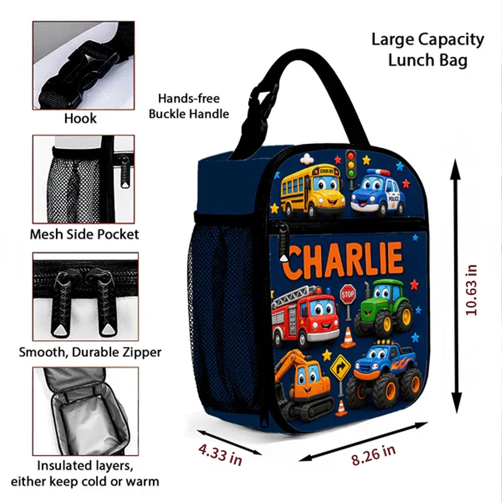 Personalized Kids Lunch Bag With Cute Unicorn & Vehicle Art, Unique Colorful School Gift for Kids