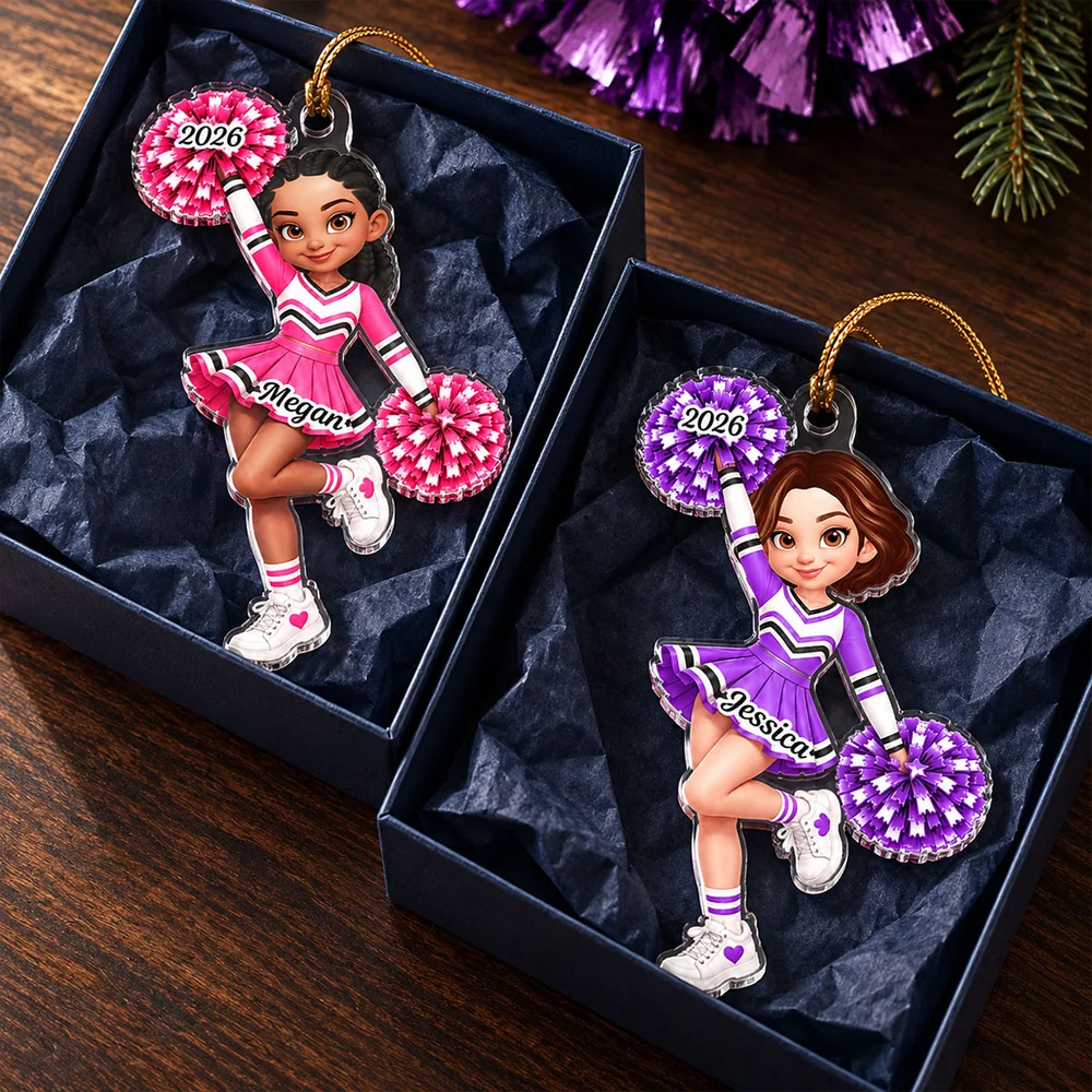 Personalized Acrylic Ornament, Colorful Cheerleader Raising Pom-Poms, Creative Gift for Daughter or Granddaughter