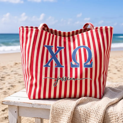Striped Pocket Tote Bag, Personalized Sorority Keepsake for Sunlit Beach Days, Creative Gift for a Sorority Sister