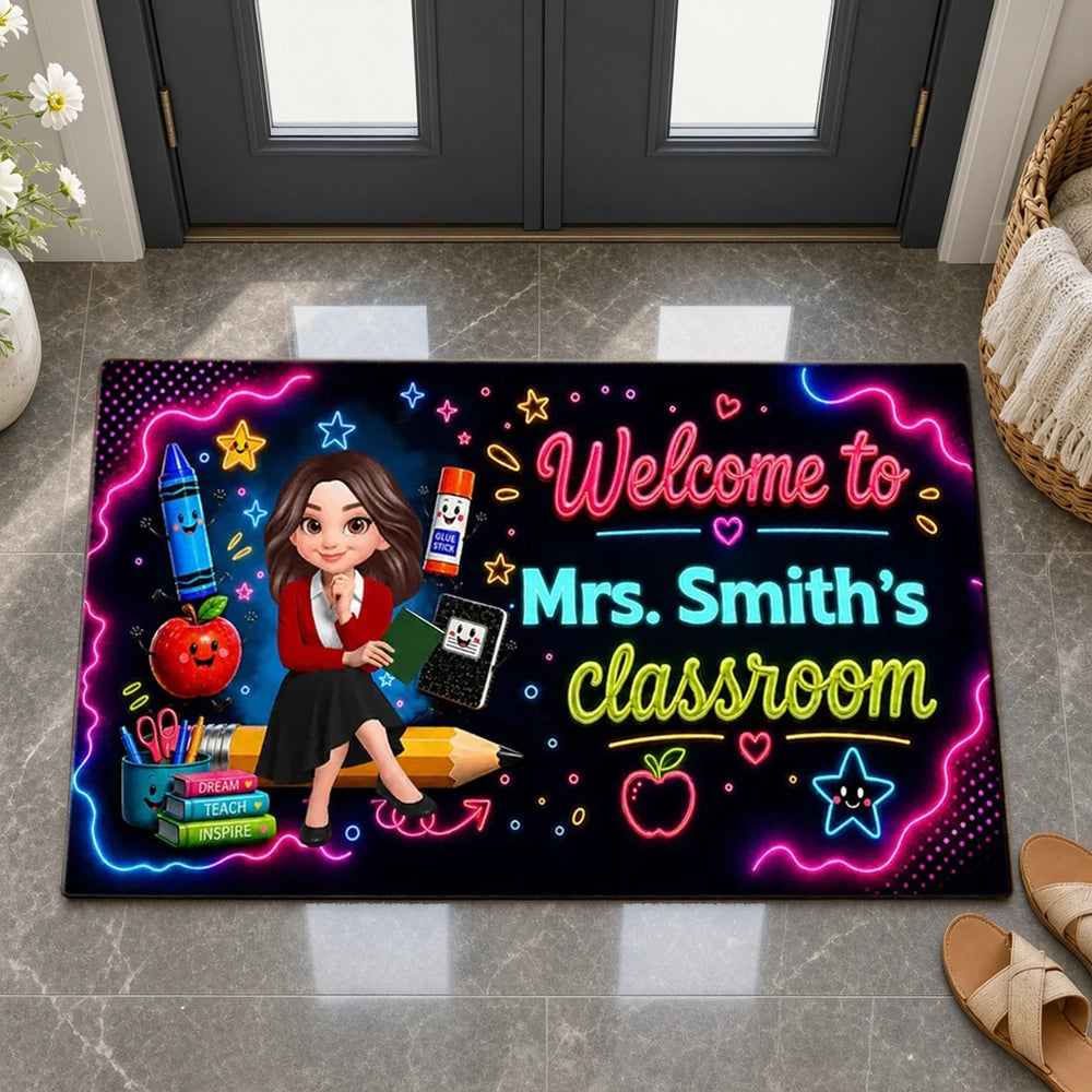 Neon Classroom Standard Doormat, Personalized Teacher Welcome, Unique Creative Gift for Back to School