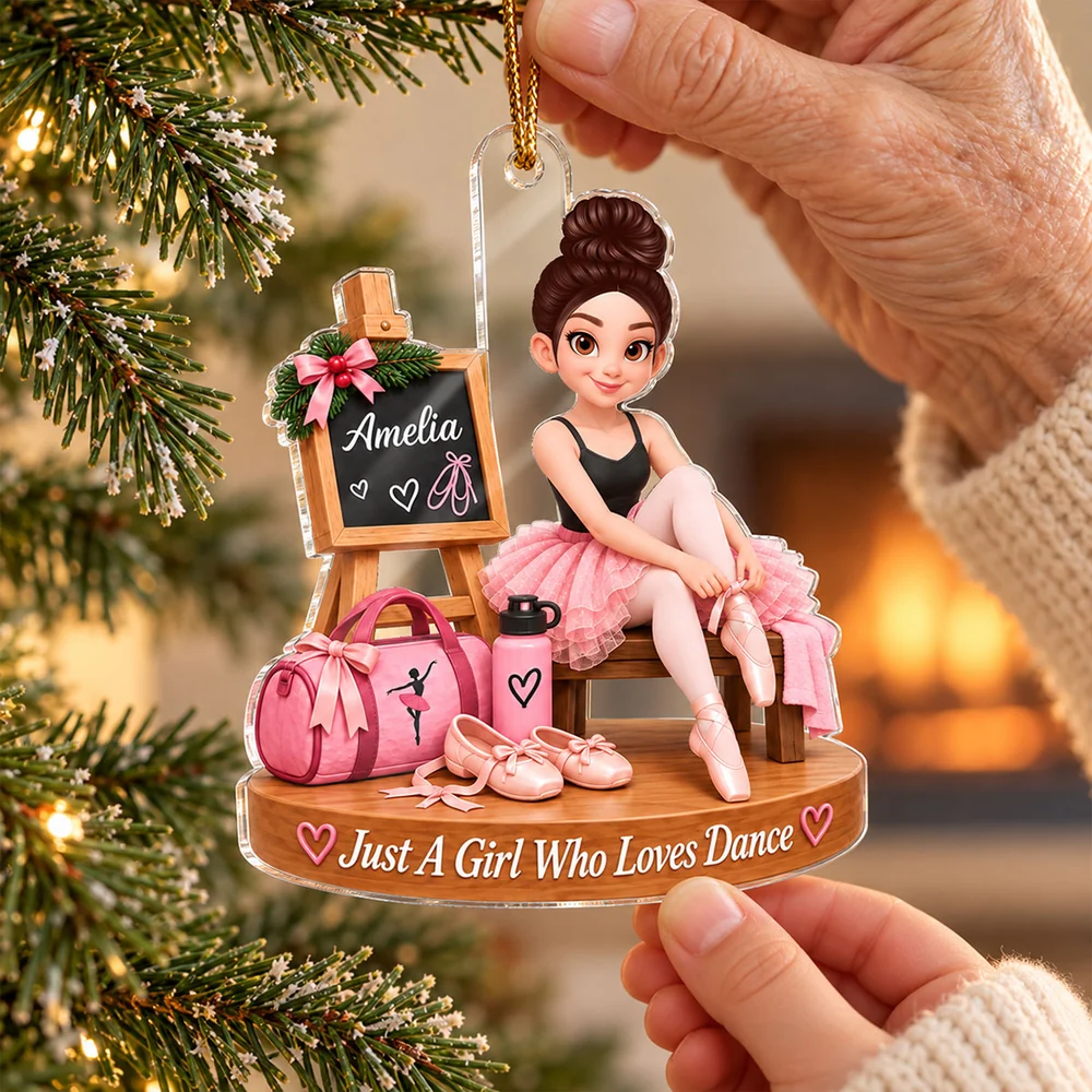 Personalized Acrylic Ornament, Pink Cartoon Ballerina Tying Pointe Shoe, Unique Christmas Gift for Daughter