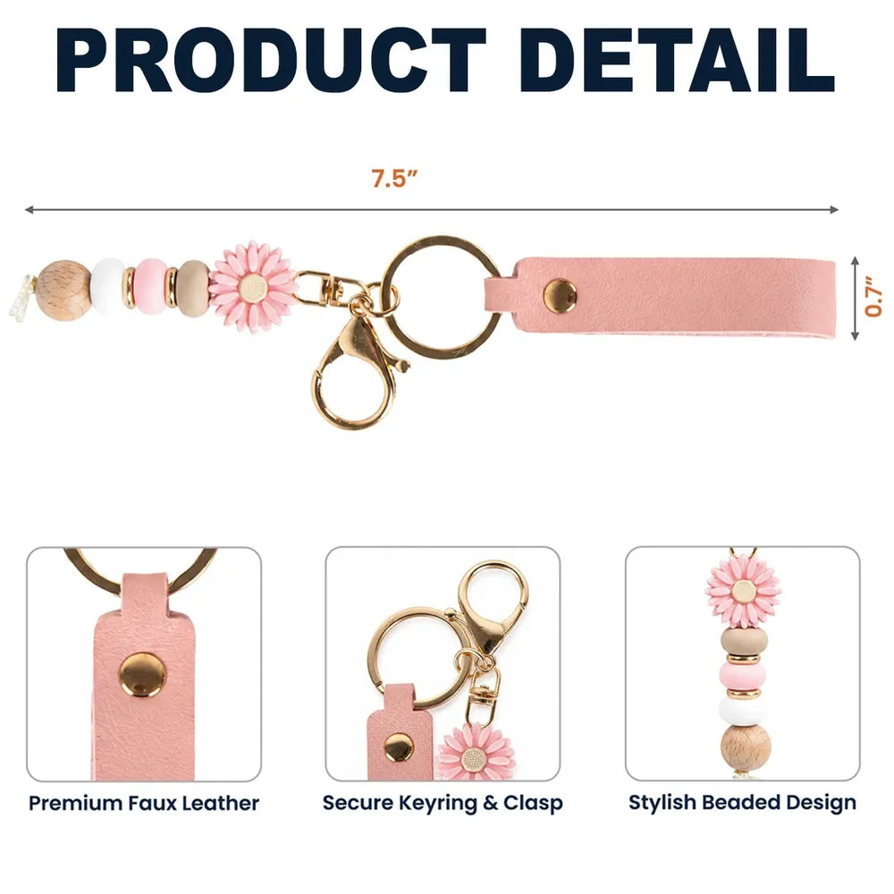 PU Leather Daisy Keychain With Soft Pink & Gray Florals, Personalized Unique Creative Gift For Mom & Friends