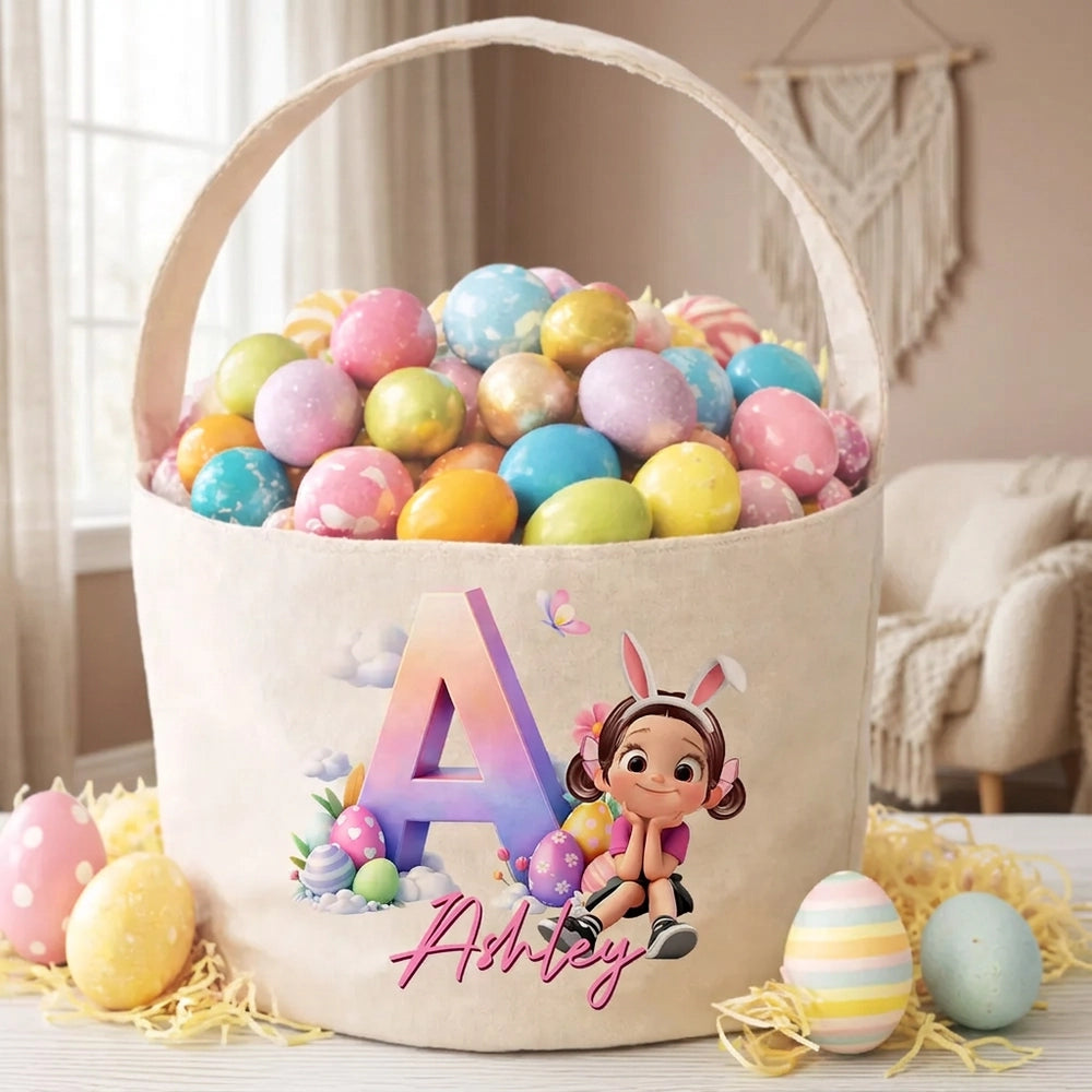 Personalized Polyester Basket Tote Easter Egg Hunt Bag With Cute Sitting Girl & Initial, Unique Gift For Kids
