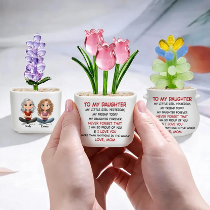 My Daughter Forever Square Glass Planter, Personalized Seated Mother and Daughter Art, Unique Creative Gift from Mom