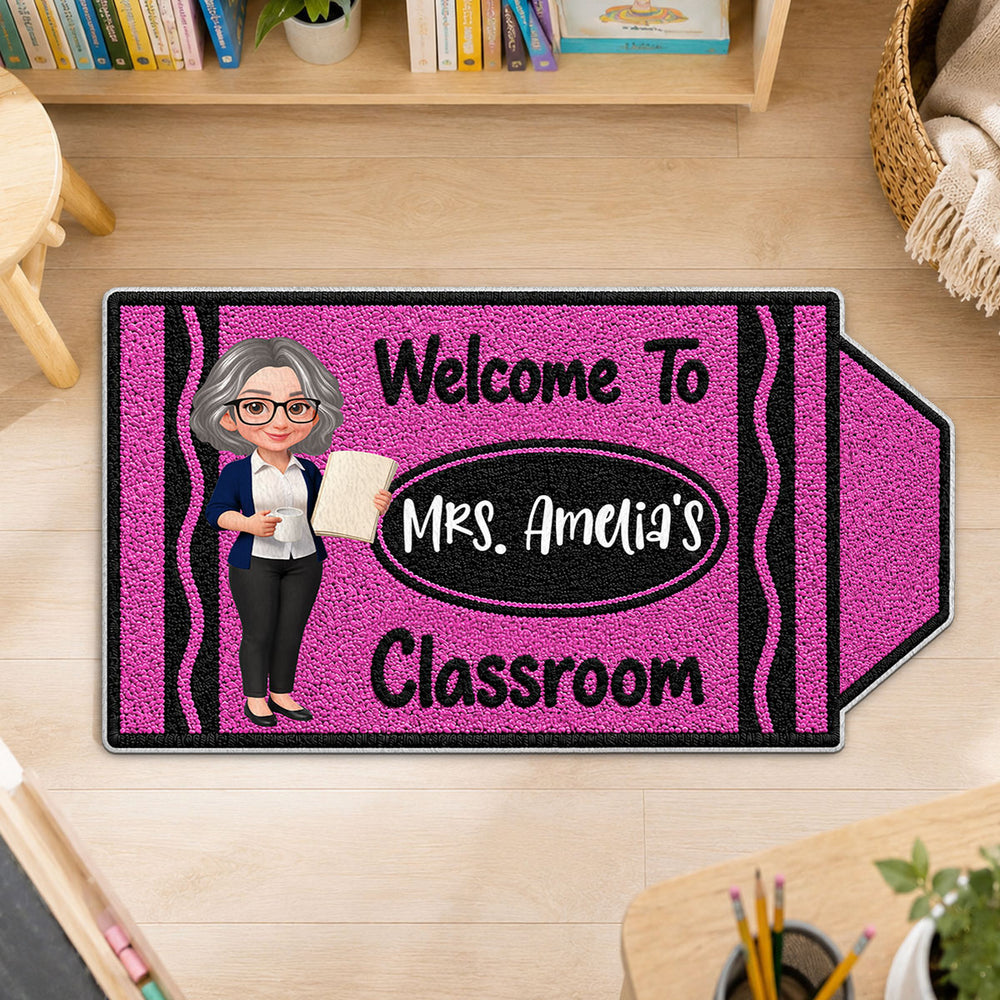 Personalized Shaped Doormat, Purple Crayon Classroom Welcome with Teacher Holding Book, Unique Gift for Teacher