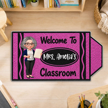 Personalized Shaped Doormat, Purple Crayon Classroom Welcome with Teacher Holding Book, Unique Gift for Teacher
