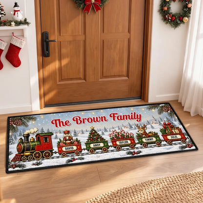Personalized Premium Doormat with Family Holiday Train and Snowy Village, Unique Christmas Gift for Family