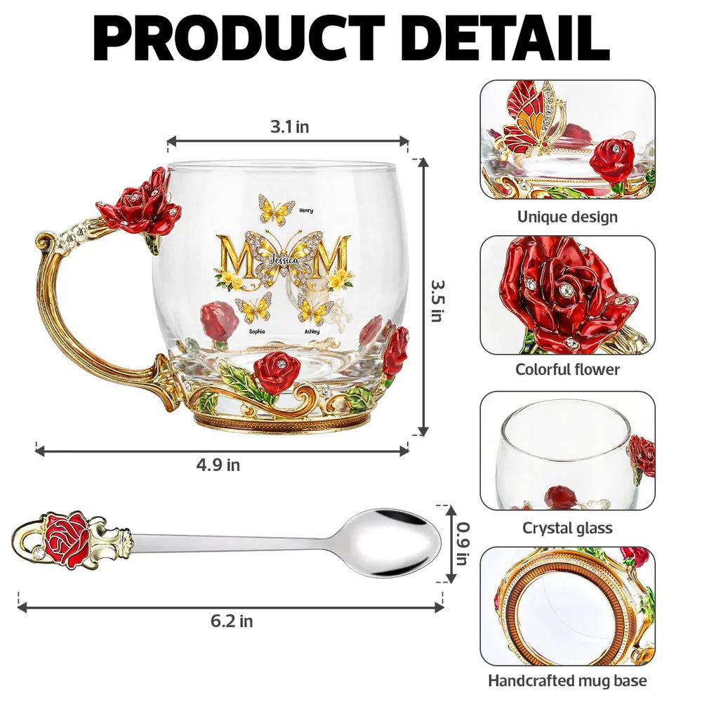 Personalized Enamel Flower Tea Cup with Butterfly Mom Monogram, Unique Gift for Mom, Warm Everyday Tea Moment