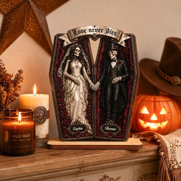 Personalized 2-Layer Wooden Plaque, Skeleton Couple Coffin Halloween Decor, Unique Gift for Couples