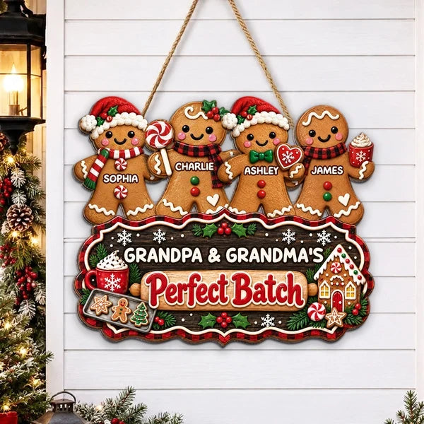 Personalized Wooden Sign with Gingerbread Family Standing Together, Christmas Decor, Unique Gift for Grandparents