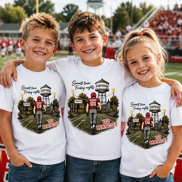 Personalized Classic Tee, Player Walking into a Green & Gold Friday Night Football Scene, Creative Gift for Mom