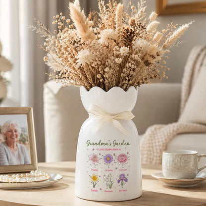 Personalized Scalloped Rim Ceramic Vase, Grandma's Garden Birth Flower Doodles, Unique Gift for Grandma