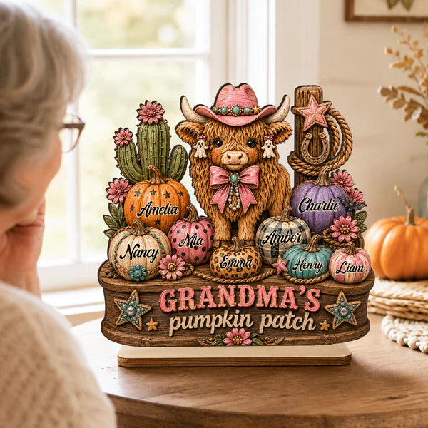 Personalized 2-Layer Wooden Plaque, Grandma's Pumpkin Patch, Western Highland Cow, Unique Creative Gift