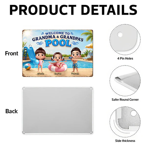 Personalized Rectangular Iron Sign, Kids Playing by Sunny Pool, Unique Gift for Grandma & Grandpa