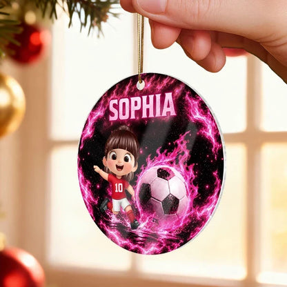 Personalized Acrylic Ornament, Electric Blue Cartoon Soccer Player Kicking a Ball, Unique Christmas Gift for Kids