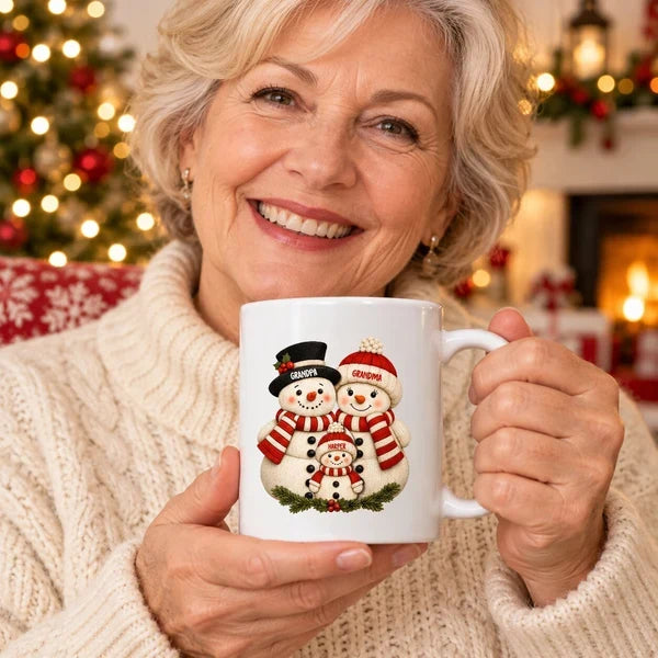 Personalized Square Pillow, Snowman Grandparents & Grandkids Gathered Together, Unique Christmas Gift for Grandparents