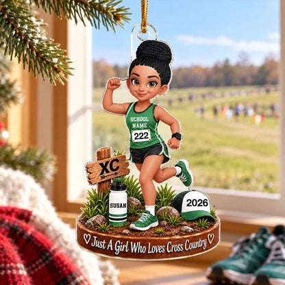 Personalized Acrylic Ornament, Colorful Cartoon Cross-Country Runner on a Trail, Unique Christmas Gift for Daughter