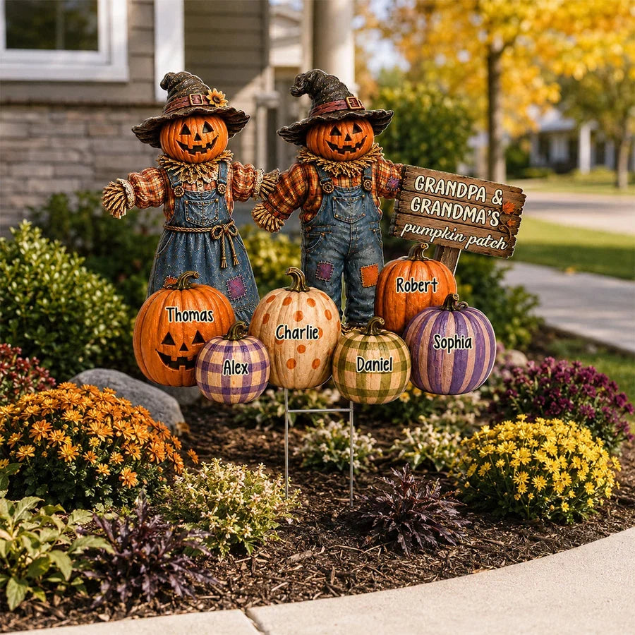 Personalized Shaped Yard Sign, Holding-Hands Pumpkin Scarecrows in Warm Fall Colors, Creative Gift for Grandparents
