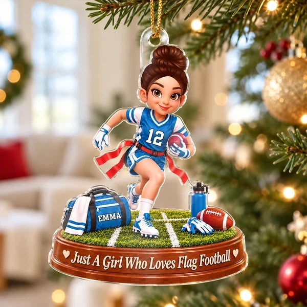Personalized Acrylic Ornament, Flag Football Girl Running on Field, Unique Christmas Gift for Daughter