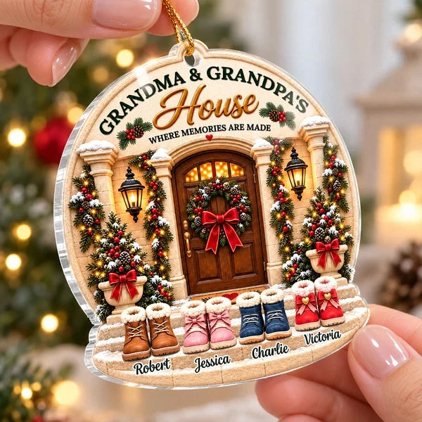 Personalized Acrylic Ornament, Snowy Grandparents' House with Kids' Boots, Unique Christmas Gift