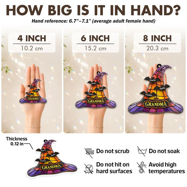Personalized Acrylic Suncatcher Ornament, Grandma Witch Hat With Bats, Unique Halloween Gift