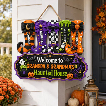 Personalized Wooden Sign With Witch Boots For Grandparents, Halloween Haunted House Creative Gift