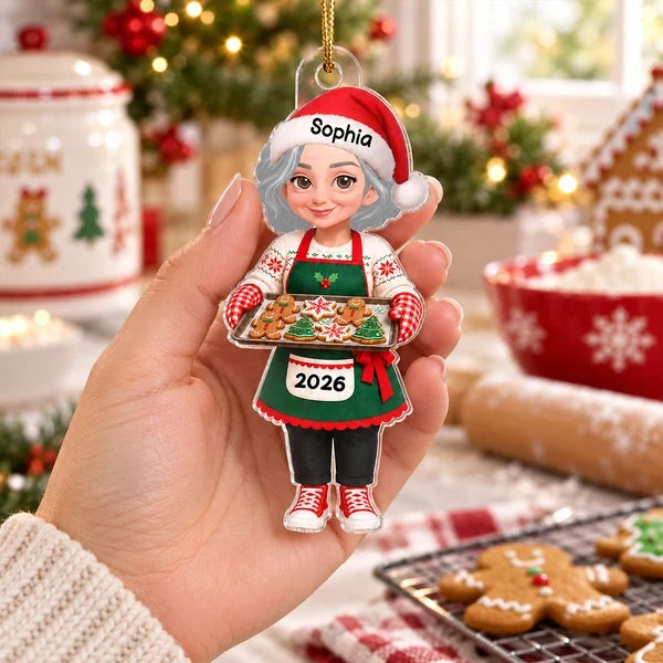 Personalized Acrylic Ornament, Festive Baking Grandma Holding Cookies, Unique Christmas Gift for Grandma