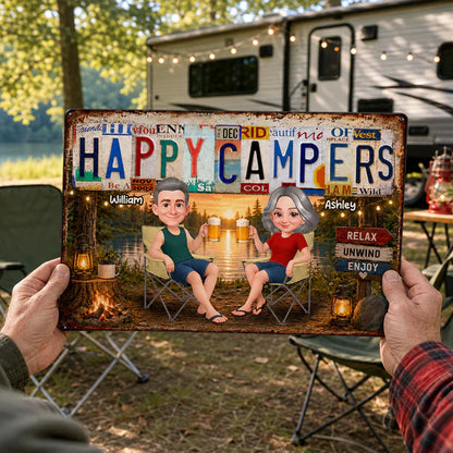 Personalized Rectangular Iron Sign, Happy Campers Couple Camping Gift, Unique Porch Decor