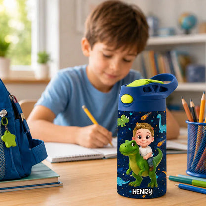 Personalized Kids Water Bottle, Cartoon Child Riding Dinosaur, Unique Creative Gift for Kids at School