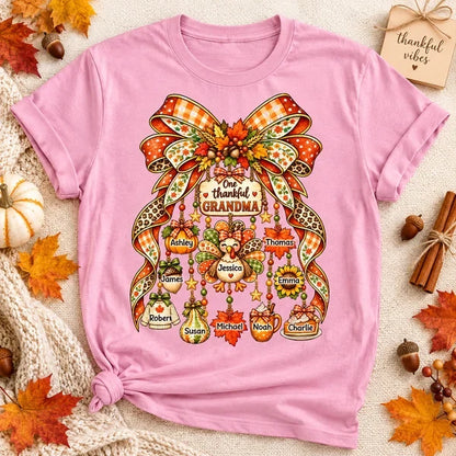 Personalized Thankful Grandma Classic Tee, Autumn Bow and Turkey Design, Unique Thanksgiving Gift for Grandma