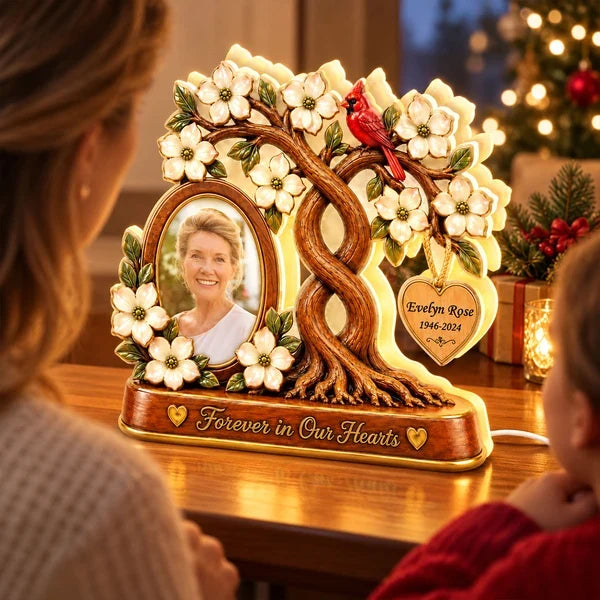Personalized Acrylic Light Box with Memorial Photo, Flowering Family Tree and Cardinal, Unique Sympathy Gift for Family
