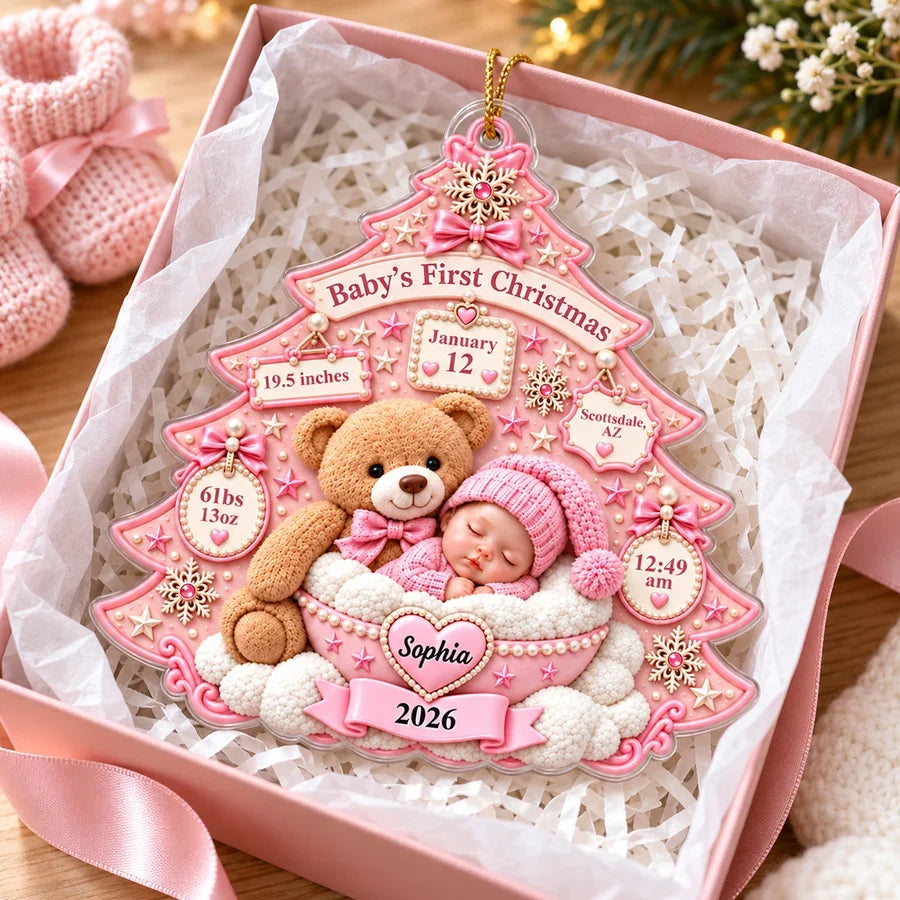Baby's First Christmas Acrylic Ornament, Sleeping Baby and Teddy Bear Keepsake, Personalized Creative Gift for Family
