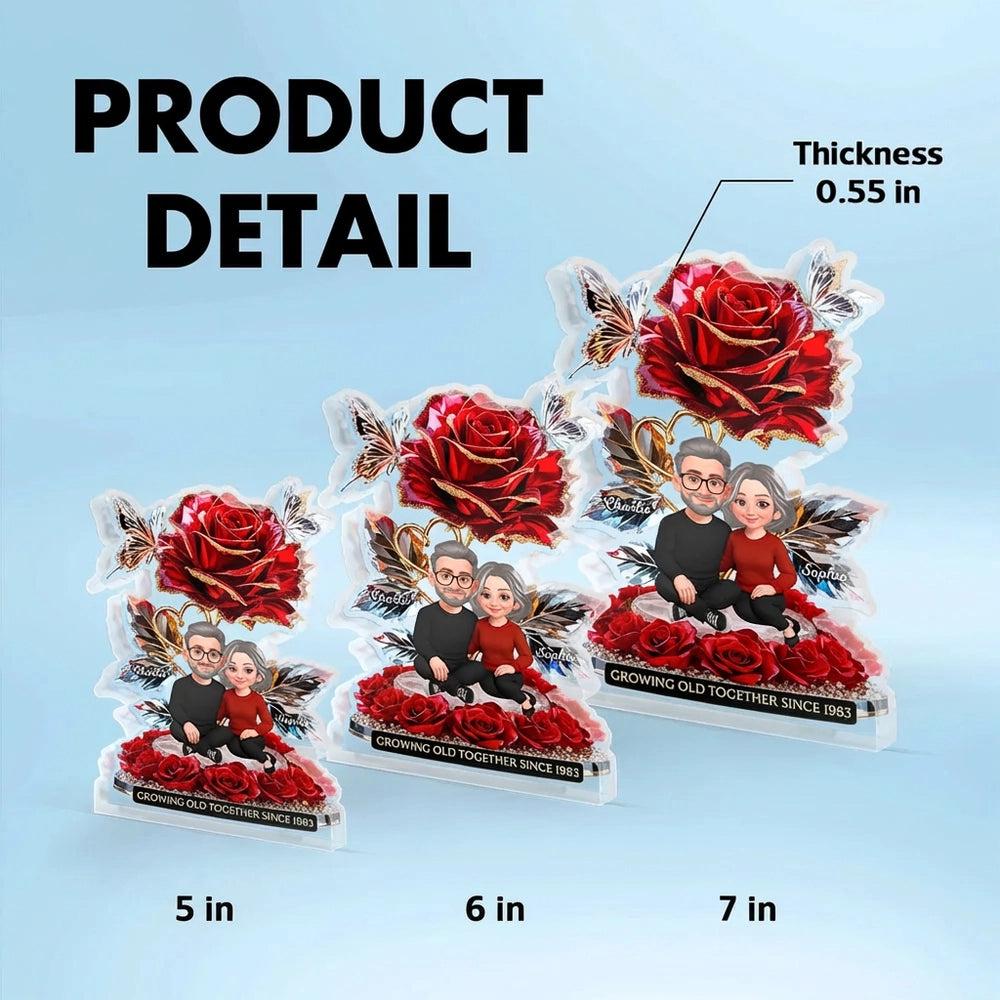 Personalized Shaped Acrylic Block Plaque with Rose Couple Illustration for Romantic Shelf Decor, Unique Gift for Him or Her