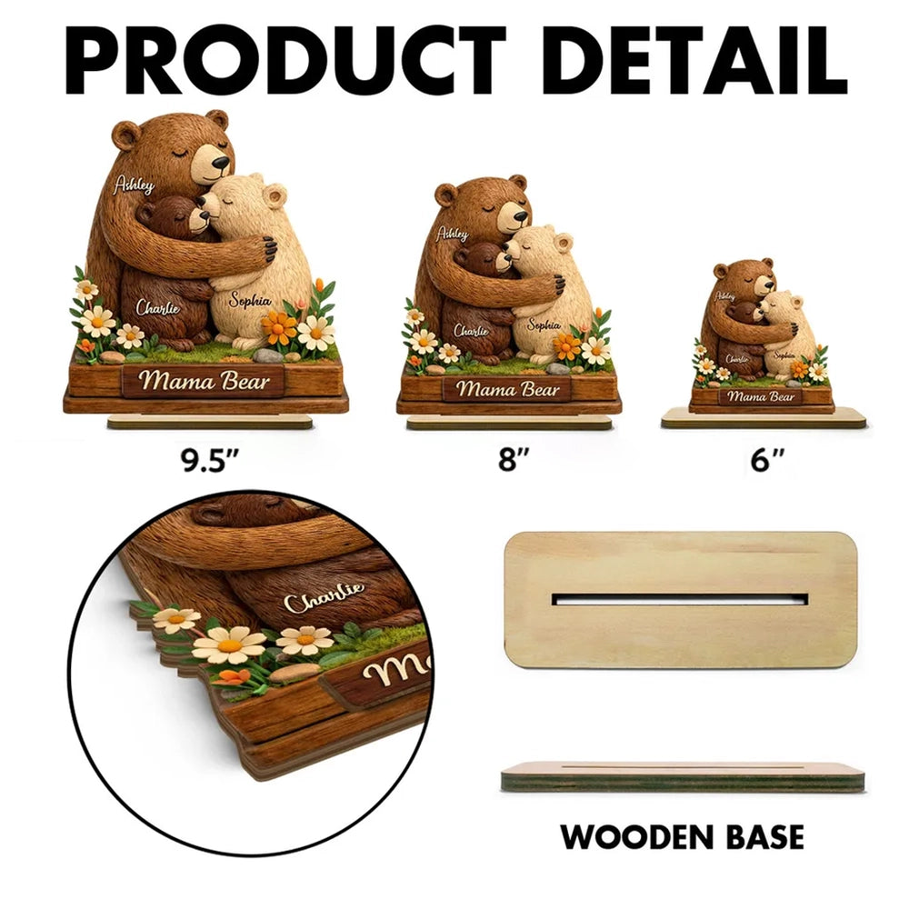 Personalized 2-Layer Wooden Plaque Mama Bear Hugging Cubs, Sweet Floral Family Keepsake, Unique Gift for Mom or Grandma