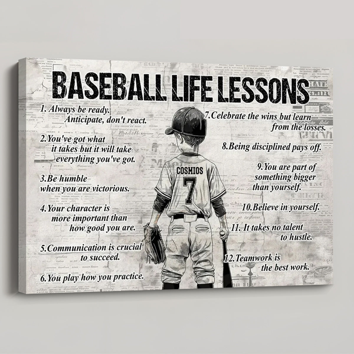 Back-View Baseball Kid Canvas, Motivational Wall Art, Unique Creative Gift for Young Athlete