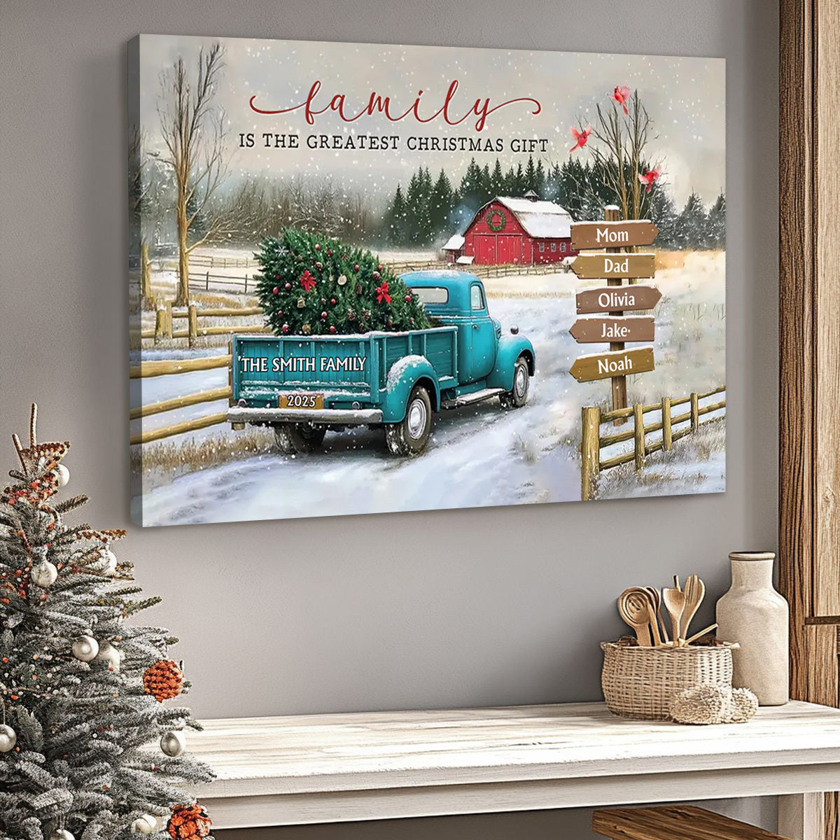 Christmas Poster, Vintage Red Truck Snow Scene, Family Is the Greatest Christmas Gift - unique gift for Mom or Family