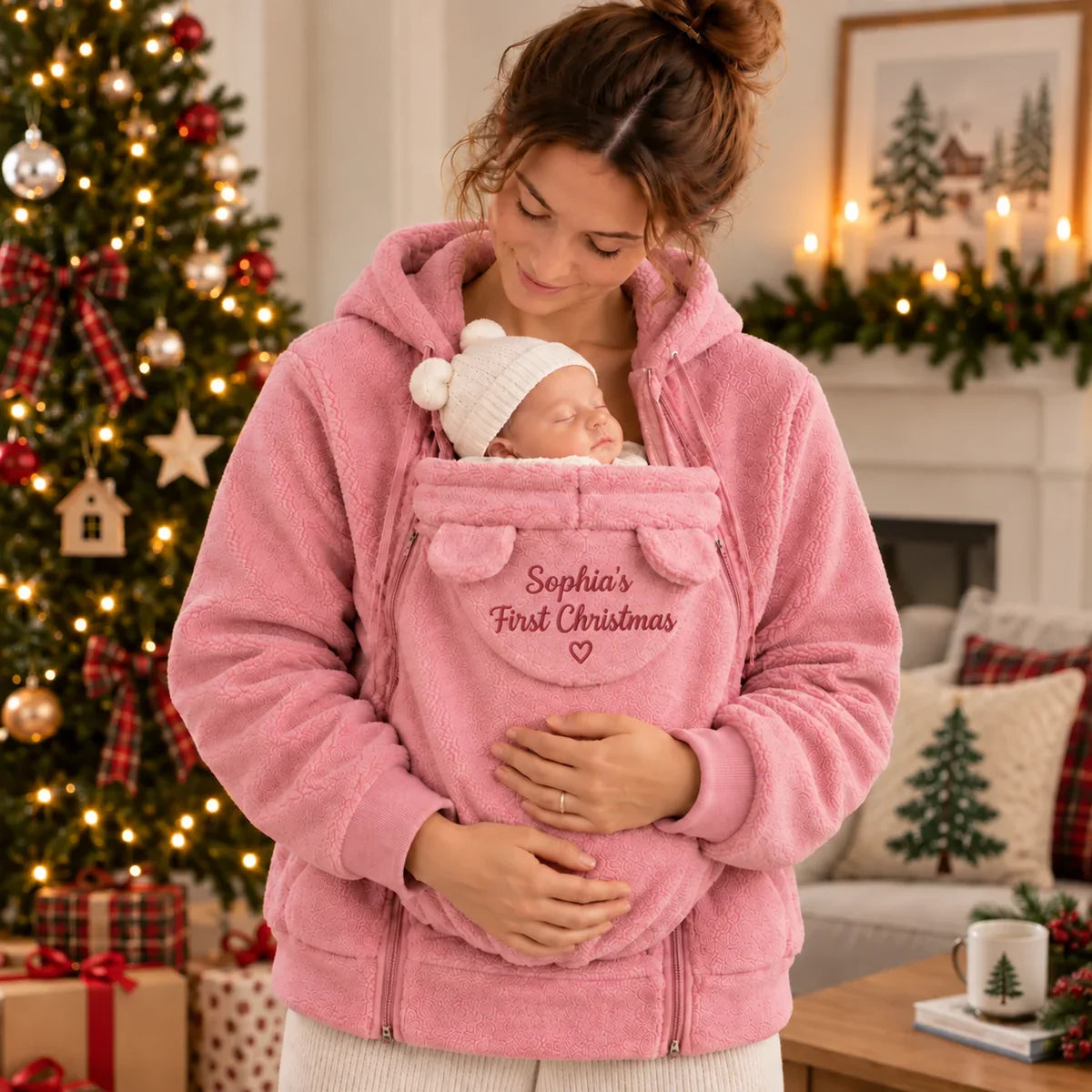 Personalized Embroidered Babywearing Hoodie, Mother Carrying Baby at Christmas, Unique Gift for New Mom