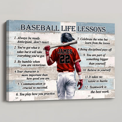 Personalized Baseball Life Lessons Canvas, Back-View Player Holding Bat, Unique Gift For Sports Fan