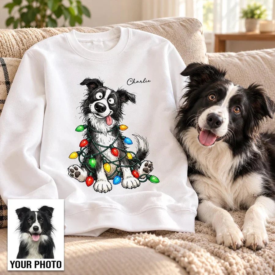 Personalized Classic Tee with Quirky Dog Portrait Tangled in Christmas Lights, Unique Gift for Dog Lovers