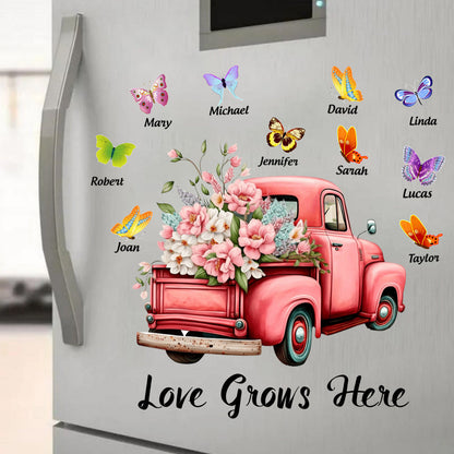 Personalized Floral Truck Family Decal with Butterflies, “Love Grows Here” Gift for Grandma
