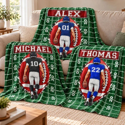 Personalized Fleece Blanket, Football Player Walking on Green Field, Unique Gift for Son or Grandson