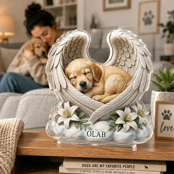 Personalized Shaped Acrylic Block Plaque, Sleeping Dog with Angel Wings, Unique Pet Memorial Gift