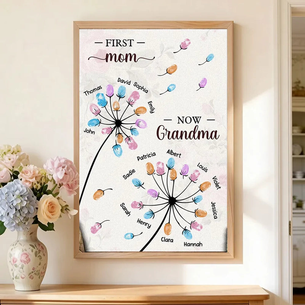 Personalized Dandelion Fingerprint Flower Poster, First Mom Now Grandma Wall Art, Unique Gift for Grandma or Mom