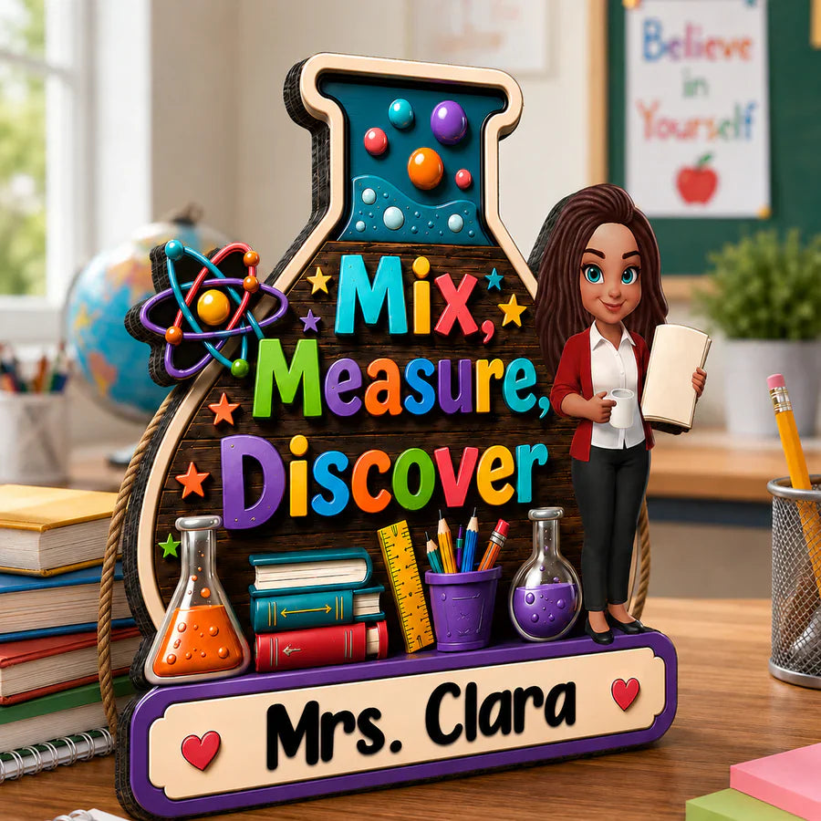 Personalized Wooden Sign With Standing Teacher Illustration, Colorful Classroom Theme, Unique Creative Gift for Teacher