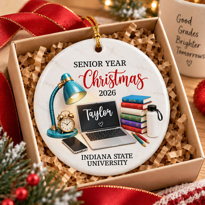 Personalized Ceramic Ornament, Teal Study Desk Senior Year Christmas Keepsake, Unique Graduation Gift for Student